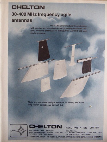5/1984 PUB CHELTON ELECTROSTATICS ANTENNE ANTENNA 30-400 MHZ AIRCRAFT ...