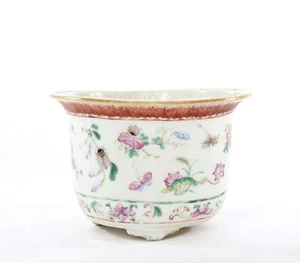 1900's Chinese Famille Rose Porcelain Planter Pot Grasshopper Flower Bird - Picture 1 of 12