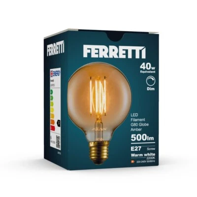 Ferretti - G80 Amber Globe E27 LED Straight Filament Dimmable Bulb Pack - Image 1 of 2