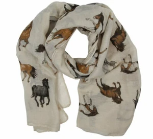 Horse Pony Large Lightweight Sheer Summer Scarf Shawl Wrap Ivory Blue Black - Imagen 1 de 6