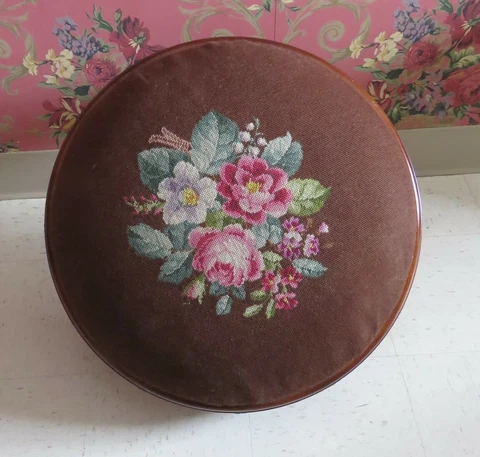 Floral Needlepoint Ornate Elegant Ottoman Tuffet Carved Mahogany Cover
