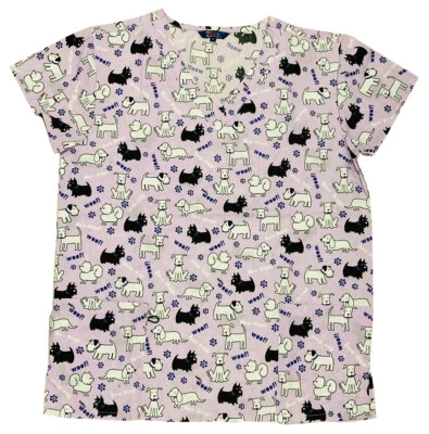 Womens Fashion Medical Nursing Scrub Tops Purple Base Dogs 1X - Image 1 of 2