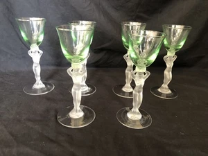 Six Bayel Crystal French Vintage 50's Venus Frosted Glasses Nude Lady Cordial - Picture 1 of 4
