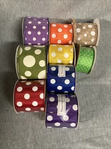 9 Rolls Polka Dot Ribbon New And Partials Burlap And Polyester Mostly 2.5” - Picture 1 of 1