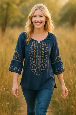 J. Jill Tunic Top M Petite Blue Floral Embroidery Scoop Neck Peasant Boho Hippie - Image 1 of 4
