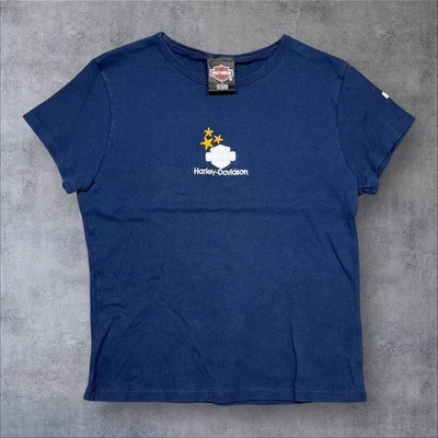 Camiseta Feminina Vintage Y2K Harley Davidson Logotipo Motociclista Azul Marinho X-Grande - Imagem 1 de 4