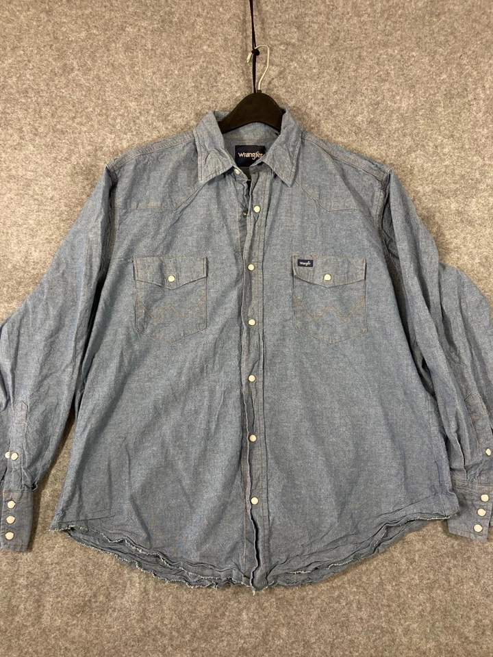 Wrangler Western Shirt Mens XL Blue Chambray Pearl Snap Front Long Sleeve Cowboy - Image 1 of 4