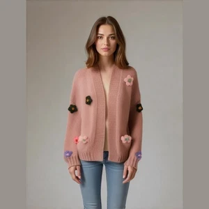 Anthropologie Duchamp Mauve Pink 3D Fun Chunky Knit Floral Sweater Cardigan OS - Picture 1 of 10