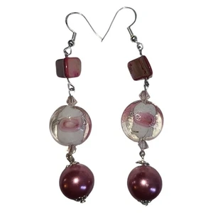 Pendientes colgantes de plata de ley 925 rosa arte vidrio rosa fregona y perlas de imitación - Imagen 1 de 7