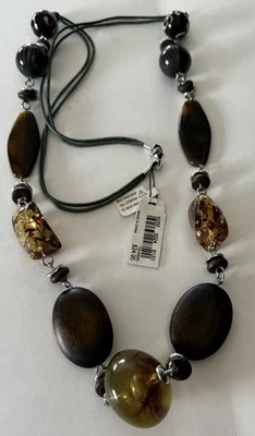 "Collar largo Boho llamativo cuentas gruesas madera resina ámbar marrón 20"" L" Foto 1 de 3