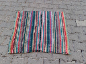 Vintage Turkish Rag Rug 2.9x2.7 ft | Colorful Striped Kilim Mat - Picture 1 of 15