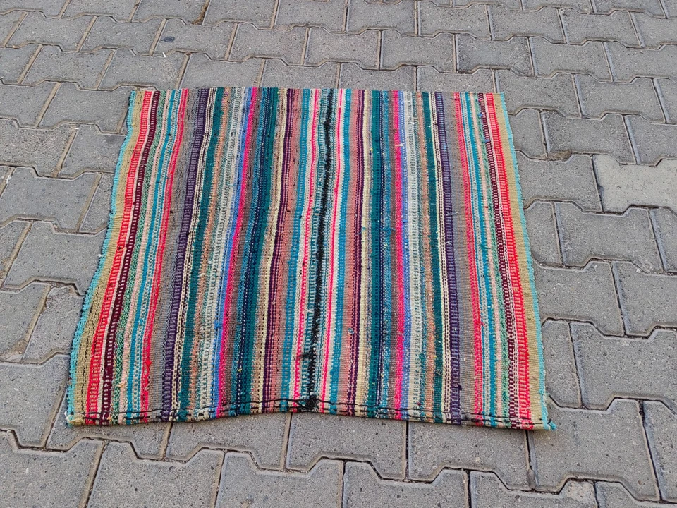 Vintage Turkish Rag Rug 2.9x2.7 ft | Colorful Striped Kilim Mat - Image 1 of 4