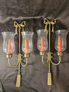 Vtg Set Brass Bow & Tassel 2 Arm Wall Sconce w/ Hurricane Globes Colonial - Picture 1 of 15
