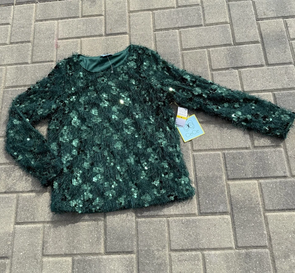 Women's Size Medium Cece Frayed Long Sleeve JEWEL Neck Sweater Soft MINT 7069214