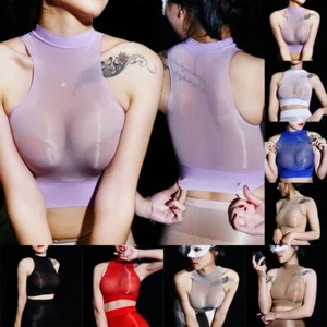 Dazzling Shiny Sheer Halter Top Bralette Vest for Women Set Fire to the Stage - Picture 1 of 20