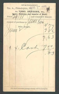 1900 Theodore Presser Phila Pa Music Dealer Statement Of Account - Picture 1 of 1