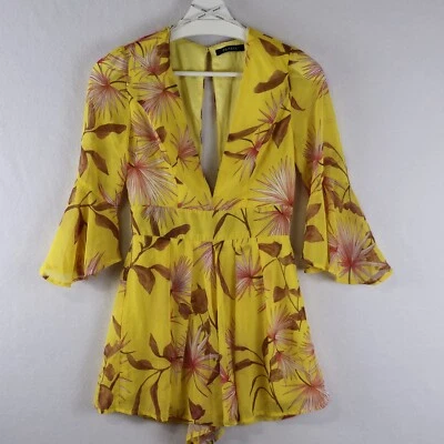 Papaya Flowy Sheer Romper Playsuit Deep Plunge V Neck Flutter Bell Sleeve XS-S - Image 1 of 4