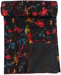 Indian Bird Print Kantha Queen Size Quilt Cotton multi Bedspread Blanket Throw - Picture 1 of 71