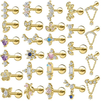 Piercing de aço inoxidável 16G ouro labret cravejado CZ lip hélice concha tragus joia - Imagem 1 de 4