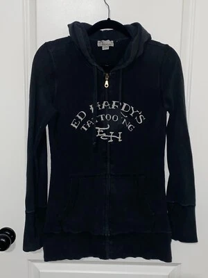 Jaqueta com capuz Ed Hardy Tattooing feminina Y2K preta com zíper envio âncora média - Imagem 1 de 4