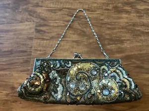Apt 9. Green gray Beaded Rhinestone Beaded Strap Evening Bag Clutch. BEAUTIFUL! - Picture 1 of 8