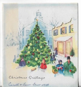 1948 VTG CHRISTMAS ART DECO CARD 4.75x5.25 Decorated Tree in the Center of Town - Picture 1 of 3