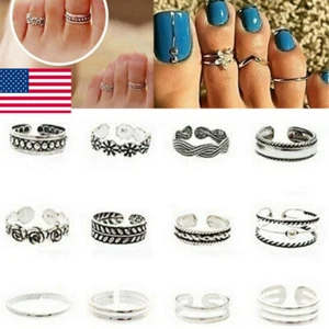 12Pcs Adjustable Jewelry Retro Silver Open Toe Rings Ring Foot Finger Gift USA. - Picture 1 of 12