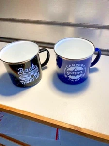 2 Travel Camping Mugs Black Blue Enamel Metal Cups Drinking Coffee Hiking 16oz - Picture 1 of 6