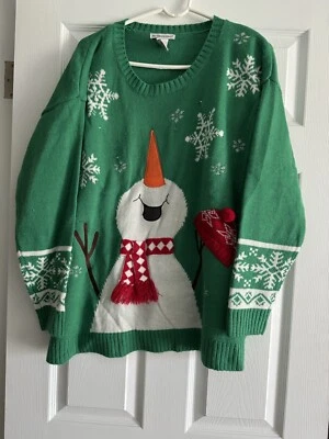 De Colección Años 90 Y2K Lindo Muñeco de Nieve Suéter XL Verde Feo Fiesta de Navidad 3d Sombrero Copo de Nieve Foto 1 de 4