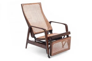 Antique Brazilian Walnut Wood and Cane Mechanical Reclining Lounge Chair - Picture 1 of 13