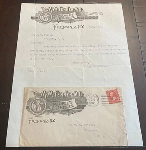 FREDONIA, NY ~ M. FENNER, PEOPLE'S REMEDIES ~ ILLUS. LETTERHEAD & AD COVER 1902 - Picture 1 of 2