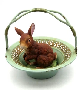 Vintage Green Metal Basket with Handle and Brinns Bunny Rabbit Figurine Easter - Picture 1 of 12
