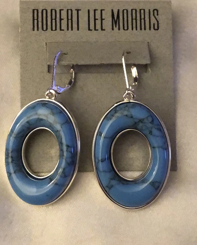 Robert Lee Morris Oval Silver Tone  Drop Earrings Blue Veined Turquoise NWT - Image 1 of 4
