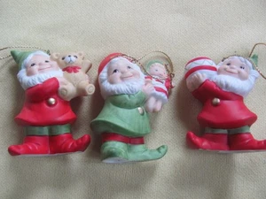 3 vintage Homco elf pixie gnome ceramic Christmas tree ornaments in original box - Picture 1 of 3