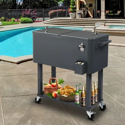 Outdoor 80QT Rolling Party Iron Cooler Cart Ice Bee Chest With Wheels, Shelf - Image 1 of 4