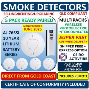 5 Pack 10-Year Battery Interconnected Smoke Alarm + Remote Ready Paired - Picture 1 of 15