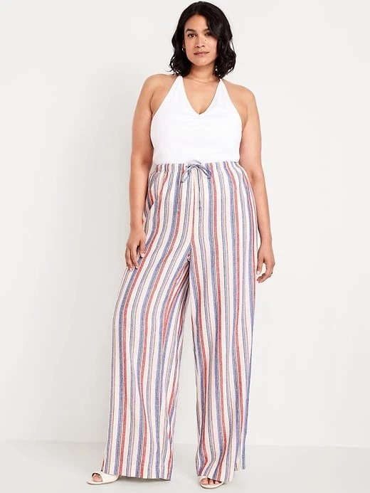 Старый темно-синий размер 2 X в полоску тянуть на высокой талией льняной смеси широкие ноги брюки карманы - Изображение 1 из 4