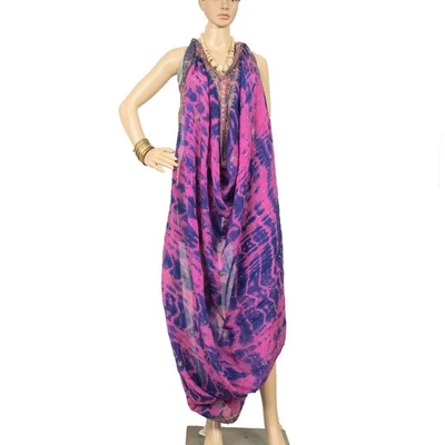 Estola Larga Dupatta Azul y Rosa Sanskriti Vintage Pura Seda Cuentas a Mano Tie-Dye   Foto 1 de 4