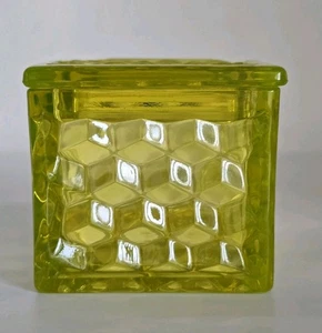 Fostoria American Glass Vaseline Canary Square Puff Box with Lid #2056 - READ - Picture 1 of 13
