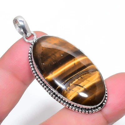 Ciondolo pietra preziosa forma ovale occhio di tigre fatto a mano gioielli an... - Immagine 1 di 4