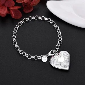 Womens 925 Sterling Silver Heart Locket Pendant Rolo Link Chain Bracelet #MB01 - Picture 1 of 4