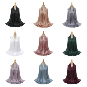 Women Plain Satin Scarf Smooth Shawl Wrap Headscarf Pleated Long Wide Scarves - Picture 1 of 19