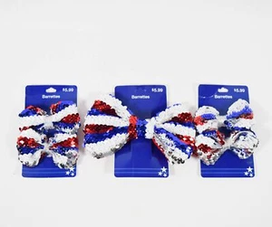 3 Red, White & Blue Sparkly Sequin Bow Barrettes 1 Big & 2 Small - Picture 1 of 2