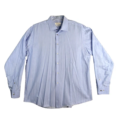 Camisa de vestir Calvin Klein para hombre calce regular talla 17 34/35 azul a rayas mancha preppy Foto 1 de 4