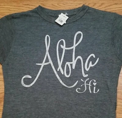 Camiseta Aloha Mujer de Island Girl (M) Gris con Brillo, dice "Aloha Hi", NUEVA Foto 1 de 2