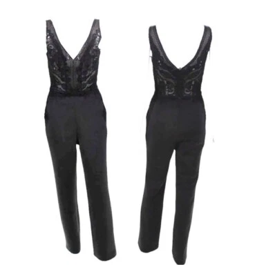 全新带标签 Badgley Mischka 连身裤 0 码黑色裸网花边直筒 — 第 1/4 张图片