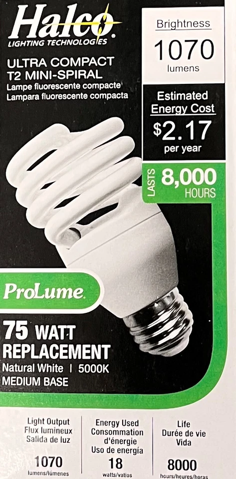 CFL18/50/T2 HALCO45066 120V/T2/ (E26)/ 5,000K/1070L/ 18W=75W ProLume MINI SPIRAL - Image 1 of 2