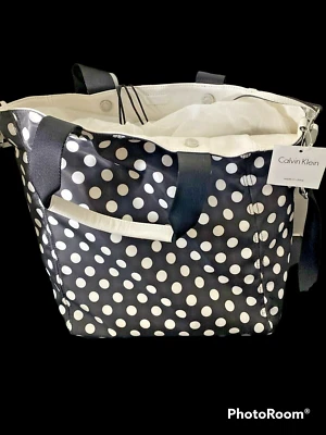 NEW Calvin Klein Reversible Tote Black White Polka Dot with Attached Pouch - Image 1 of 4
