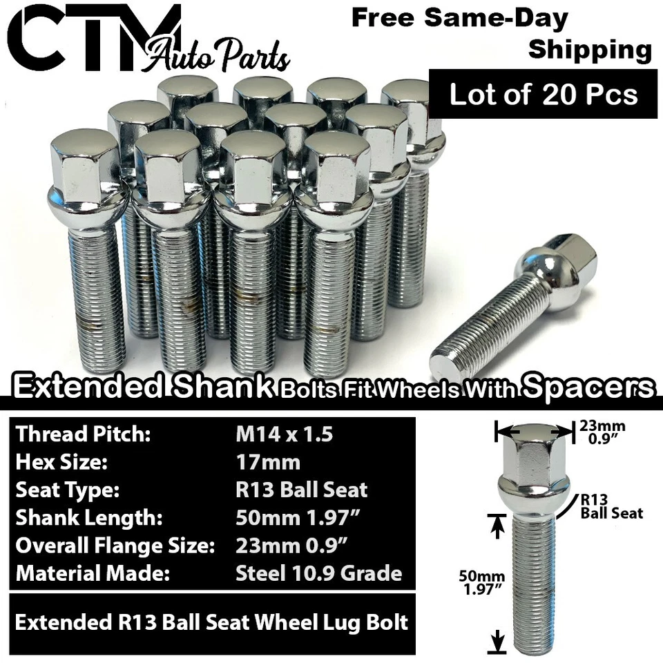 20x Audi cromo 14x1.5 perno de asiento de bola 50 mm vástago ajuste llanta con espaciador de 20-25 mm Foto 1 de 4