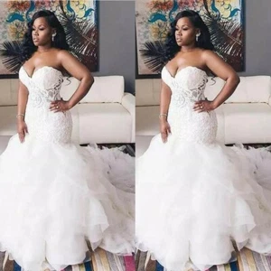 African Mermaid Wedding Dresses Strapless Lace Appliques Court Train Bridal Gown - Picture 1 of 6